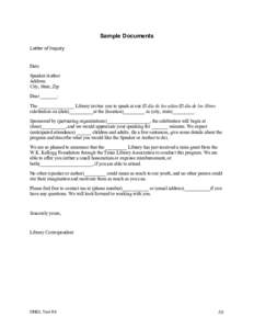 Sample Documents Letter of Inquiry Date Speaker/Author Address City, State, Zip