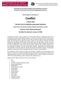 Association for the Study of Modern and Contemporary France & Society for the Study of French History Postgraduate Study Day --Call for papers on the theme of Conflict 3 March 2018