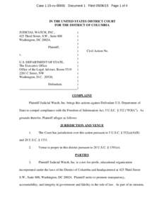 Case 1:15-cvDocument 1 FiledPage 1 of 4  IN THE UNITED STATES DISTRICT COURT FOR THE DISTRICT OF COLUMBIA JUDICIAL WATCH, INC., 425 Third Street, S.W., Suite 800