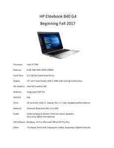 HP Elitebook 840 G4 Beginning Fall 2017 Processor  Intel i5-7200