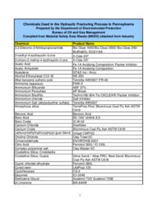 Chemicals Used in the Hydraulic Fracturing Process in Pennsylvania Prepared by the Department of Environmental Protection Bureau of Oil and Gas Management Compiled from Material Safety Data Sheets (MSDS) obtained from In