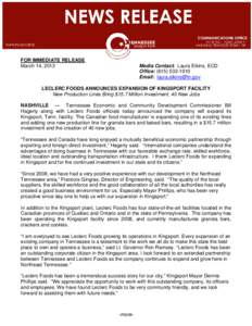 FOR IMMEDIATE RELEASE March 14, 2013 Media Contact: Laura Elkins, ECD Office: ([removed]Email: [removed]