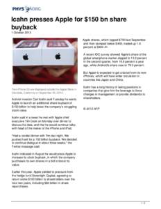 Icahn presses Apple for $150 bn share buyback