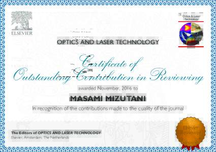 OPTICS AND LASER TECHNOLOGY  awarded�November,�2016�to MASAMI MIZUTANI