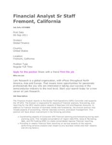 Financial Analyst Sr Staff Fremont, California Job Info #5748BR Post Date 06-Sep-2011