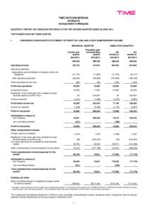 TIME DOTCOM BERHADP) Incorporated in Malaysia QUARTERLY REPORT ON CONSOLIDATED RESULTS FOR THE SECOND QUARTER ENDED 30 JUNE 2014 THE FIGURES HAVE NOT BEEN AUDITED I.