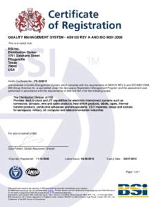 QUALITY MANAGEMENT SYSTEM - AS9120 REV A AND ISO 9001:2008 This is to certify that: RSI Inc. Distribution Center 1701 Dalshank Street