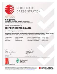 CERTIFICATE OF REGISTRATION This is to certify that Kruger Inc. Emballages KRUPACK, Usine de Place Turcot
