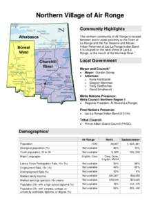 Northern Village of Air Ronge Community Highlights The northern community of Air Ronge is located between and in close proximity to the Town of La Ronge and the Far Reserve and Kitsaki Indian Reserves of Lac La Ronge Ind