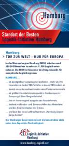 Hamburg Standort der Besten Logistik-Initiative Hamburg > H amburg: > TOR ZUR WELT – HUB FÜR EUROPA In der Metropolregion Hamburg (MRH) arbeiten rund