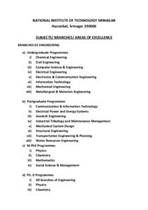 NATIONAL INSTITUTE OF TECHNOLOGY SRINAGAR  Hazratbal, Srinagar 190006  SUBJECTS/ BRANCHES/ AREAS OF EXCELLENCE  BRANCHES OF ENGINEERING  a) Undergraduate Programmes i) Chemical Engineering