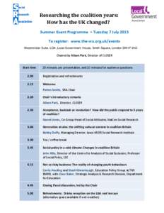 Researching the coalition years: How has the UK changed? `  Summer Event Programme – Tuesday 7 July 2015