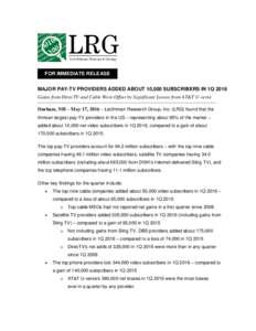 FOR IMMEDIATE RELEASE MAJOR PAY-TV PROVIDERS ADDED ABOUT 10,000 SUBSCRIBERS IN 1Q 2016 Gains from DirecTV and Cable Were Offset by Significant Losses from AT&T U-verse Durham, NH – May 17, 2016 – Leichtman Research G