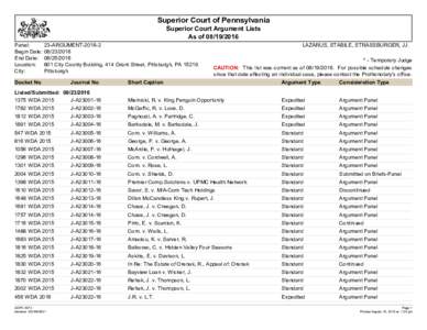 Superior Court of Pennsylvania Superior Court Argument Lists As ofPanel: Begin Date: End Date: