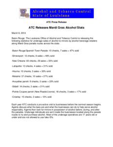 ATC Press Release  ATC Releases Mardi Gras Alcohol Stats March 6, 2014 Baton Rouge: The Louisiana Office of Alcohol and Tobacco Control is releasing the following statistics for underage sales of alcohol to minors by alc