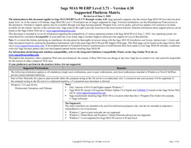 Sage MAS 90 ERP Level 3.71 – Version 4.30 Supported Platform Matrix Revised as of June 3, 2010 The information in this document applies to Sage MAS 90 ERP Level 3.71 through version[removed]Sage generally supports only t