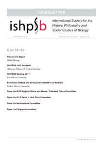 NEWSLETTER International Society for the History, Philosophy and Social Studies of Biology SPRING 2015