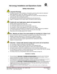 itek energy Installation and Operations Guide Safety Instructions Important Warnings   