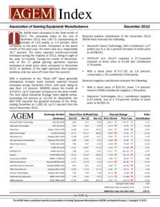 Index Association of Gaming Equipment Manufacturers he AGEM Index increased in the final month of[removed]The composite index at the end of December 2012 was[removed], representing an increase of 1.92 points, or 1.4 percent,