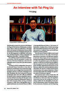 Asia Pacific Mathematics Newsletter  An Interview with Tai-Ping Liu Y K Leong  [Courtesy Institute for Mathematical Sciences]