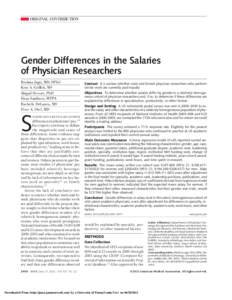 ORIGINAL CONTRIBUTION  Gender Differences in the Salaries of Physician Researchers Reshma Jagsi, MD, DPhil Kent A. Griffith, MS
