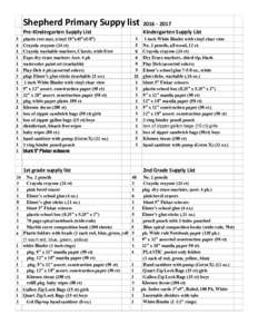 Shepherd Primary Suppy list Pre-Kindergarten Supply List