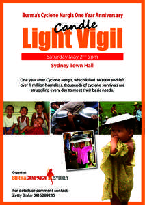 Burma’s Cyclone Nargis One Year Anniversary  Candle Light Vigil Saturday May 2nd 5pm