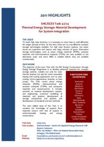 2011	
  HIGHLIGHTS	
    	
   SHC/ECES	
  Task	
  42/24	
   Thermal	
  Energy	
  Storage:	
  Material	
  Development	
   for	
  System	
  Integration	
  