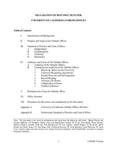 DECLARATION OF BEST PRACTICES FOR UNIVERSITY OF CALIFORNIA OMBUDS OFFICES Table of Contents I.