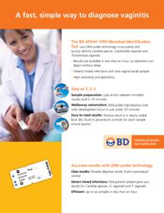 A fast, simple way to diagnose vaginitis  The BD Affirm™ VPIII Microbial Identification Test uses DNA probe technology to accurately and quickly identify Candida species, Gardnerella vaginalis and Trichomonas vaginalis
