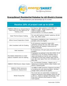EnergySmart Residential Rebates for All-Electric Homes For Homeowners and Ownerships Up To 4 Units Receive 25% of project cost up to $350 ENERGY STAR Air or Ground Source Heat Pump (inc Mini-Splits A/C &