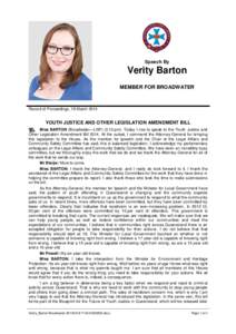 Speech By  Verity Barton MEMBER FOR BROADWATER  Record of Proceedings, 18 March 2014