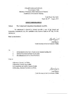 F.NoAVD-IV(LP) Government of India Ministry of Personnel, Public Grievances & Pensions Department of Personnel & Training North Block, New Delhi Dated: the 10th August, 2016