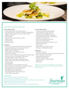 CUSTOM PLATED LUNCHES HOT APPETIZERS ­—	Cheese Ravioli with Creamy Tomato Sauce ­—	Pasta with either Pesto, Prima Vera, Arrabiata or Alfredo Sauce ­—	Vegetarian Spring Rolls with Crispy Garden Greens