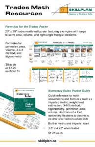 Trades Math Resources Formulas for the Trades Poster 26″ x 39″ trades math wall poster featuring examples with steps to solve area, volume, and right-angle triangle problems Formulas for