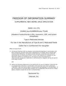 Date of Approval: December 15, 2014  FREEDOM OF INFORMATION SUMMARY SUPPLEMENTAL NEW ANIMAL DRUG APPLICATION  NADA[removed]