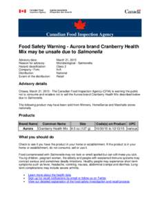 Canadian Food Inspection Agency www.inspection.gc.ca Food Safety Warning - Aurora brand Cranberry Health Mix may be unsafe due to Salmonella Advisory date: