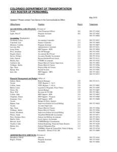COLORADO DEPARTMENT OF TRANSPORTATION KEY ROSTER OF PERSONNEL May 2015 Updates? Please contact Tara Galvez in the Communications Office Office/Name