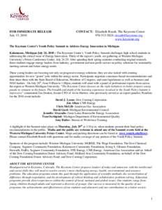 FOR IMMEDIATE RELEASE July 15, 2010 CONTACT: Elizabeth Roush, The Keystone Center[removed], [removed] www.keystone.org