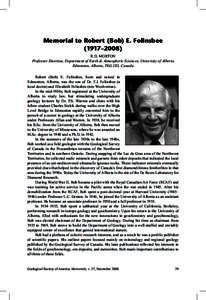 Memorial to Robert (Bob) E. Folinsbee (1917–2008) R.D. MORTON Professor Emeritus, Department of Earth & Atmospheric Sciences, University of Alberta Edmonton, Alberta, T6G 2E3, Canada Robert (Bob) E. Folinsbee, born and