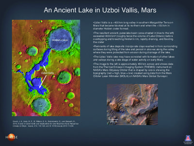 An Ancient Lake in Uzboi Vallis, Mars •Uzboi Vallis is a ~400 km long valley in southern Margaritifer Terra on Mars that became blocked at its northern end when the ~150 km in diameter Holden crater formed.   •The r