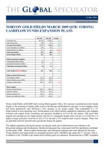 12 May 2009  www.globalspeculator.com.au  NORTON GOLD FIELDS MARCH 2009 QTR: STRONG  CASHFLOW FUNDS EXPANSION PLANS  Mar Qtr 
