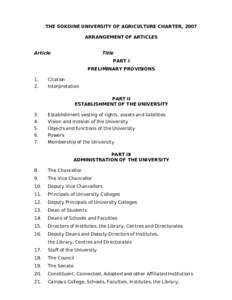 THE SOKOINE UNIVERSITY OF AGRICULTURE CHARTER, 2007 ARRANGEMENT OF ARTICLES Article Title PART I