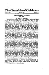 The Chronicles of Oklahoma JAMES CARSON JAMISON[removed]By Robert L. Williams James Carson Jamison, born near village of PaJWEWib, Pike Coun~,Mo., 8ept. 30, 1830, died at Outhrie, Okla., Nov. 19, 1916,