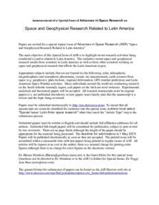 Announcement of a Special Issue of Advances in Space Research on  Space and Geophysical Research Related to Latin America Papers are invited for a special topical issue of Advances in Space Research (ASR) 