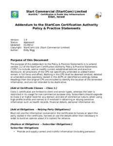 Start Commercial (StartCom) Limited StartSSL™ Certificates & Public Key Infrastructure Eilat, Israel  Addendum to the StartCom Certification Authority