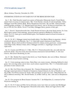 1936 Scrapbook, image 128 (Berne, Indiana, Thursday, December 26, 1935) INTERESTING EVENTS OF 1935 TAKEN OUT OF THE BERNE REVIEW FILES Jan. 3 - Rev. Noah Smucker named new pastor at Defenseless Mennonite church; Frank Ma