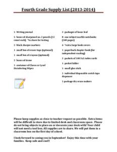 Fourth Grade Supply List[removed]Writing journal 2- packages of loose-leaf
