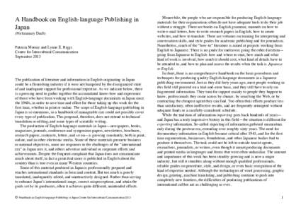 A Handbook on English-language Publishing in Japan (Preliminary Draft) Patricia Murray and Lynne E. Riggs Center for Intercultural Communication