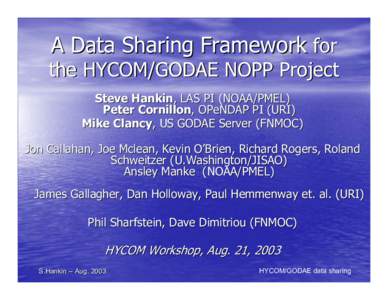 A Data Sharing Framework for  the HYCOM/GODAE NOPP Project Steve Hankin, LAS PI (NOAA/PMEL) Peter Cornillon, OPeNDAP PI (URI) Mike Clancy, US GODAE Server (FNMOC)